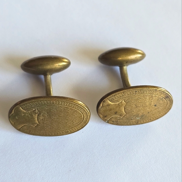 Vintage cuff links gold tone oval shield engraved edwardian art deco style - Picture 1 of 8